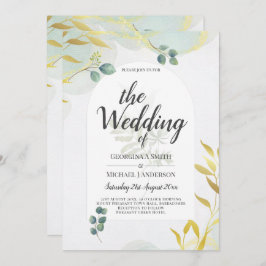 Arty Botanical Greenery Gold Wedding Invitation