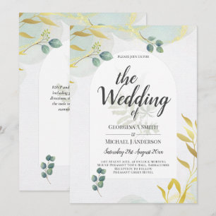 Arty Botanical Greenery Gold Wedding Invitation