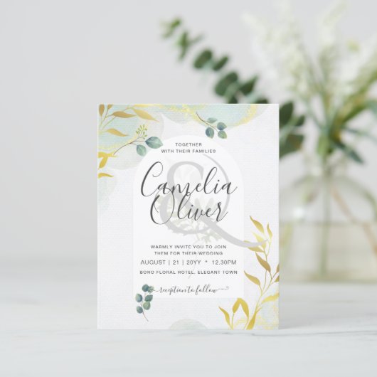 Arty Botanical Greenery Gold Wedding Invitation (Staand voorkant)