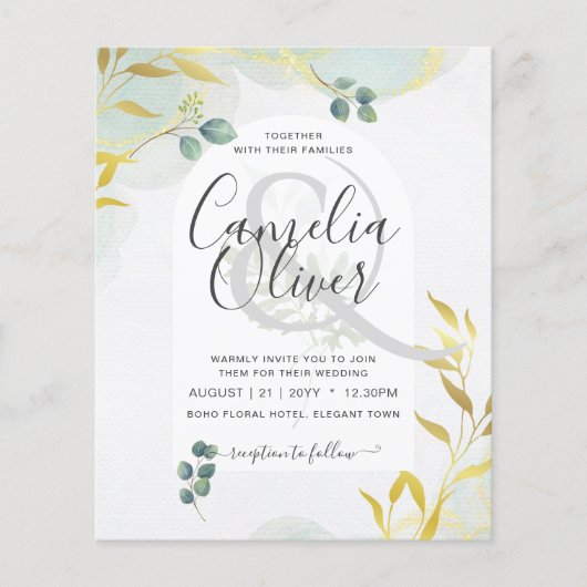 Arty Botanical Greenery Gold Wedding Invitation (Voorkant)