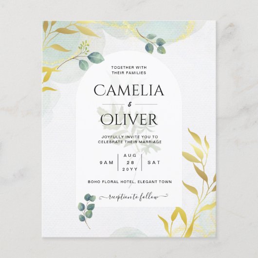 Arty Botanical Greenery Gold Wedding Invitation Flyer (Voorkant)