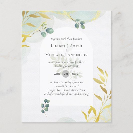 Arty Botanical Greenery Gold Wedding Invitation Flyer (Voorkant)