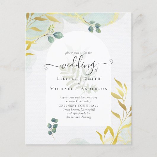 Arty Botanical Greenery Gold Wedding Invitation Flyer (Voorkant)