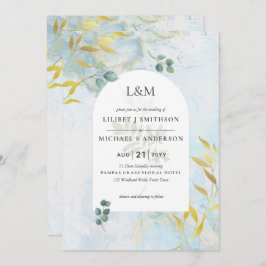 Arty Botanical Greenery Gold Wedding Invitation Kaart
