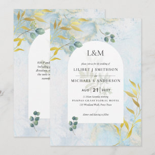 Arty Botanical Greenery Gold Wedding Invitation Kaart