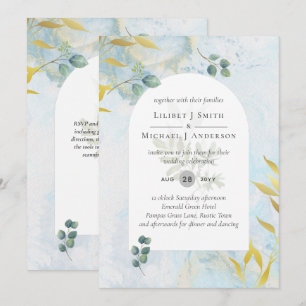 Arty Botanical Greenery Gold Wedding Invitation Kaart