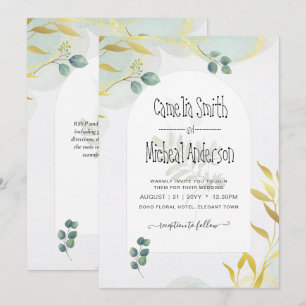 Arty Botanical Greenery Gold Wedding Invitation Kaart
