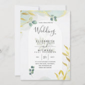 Arty Botanical Greenery Gold Wedding Invitation Kaart (Voorkant)