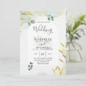 Arty Botanical Greenery Gold Wedding Invitation Kaart (Staand voorkant)