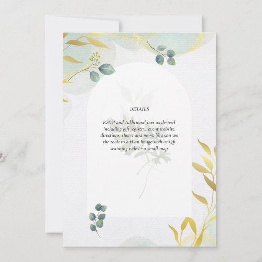 Arty Botanical Greenery Gold Wedding Invitation Kaart (Achterkant)