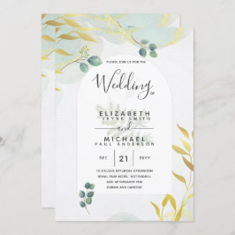 Arty Botanical Greenery Gold Wedding Invitation Kaart