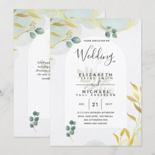 Arty Botanical Greenery Gold Wedding Invitation Kaart