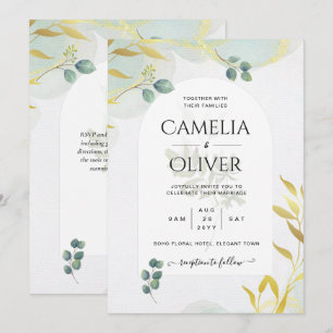 Arty Botanical Greenery Gold Wedding Invitation Kaart