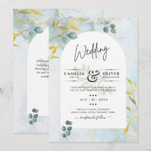 Arty Botanical Greenery Gold Wedding Invitation Kaart
