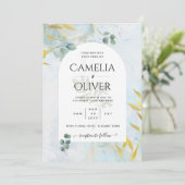 Arty Botanische Groene Goud Huwelijksuitnodiging Kaart (Staand voorkant)