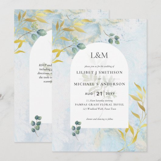 Arty Botanische Groene Goud Huwelijksuitnodiging Kaart (Voorkant / Achterkant)