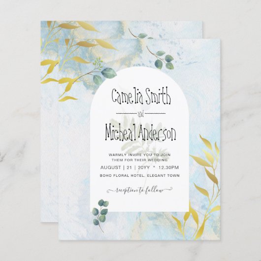 Arty Botanische Groenelementen Gouden Trouw Uitnod (Voorkant / Achterkant)