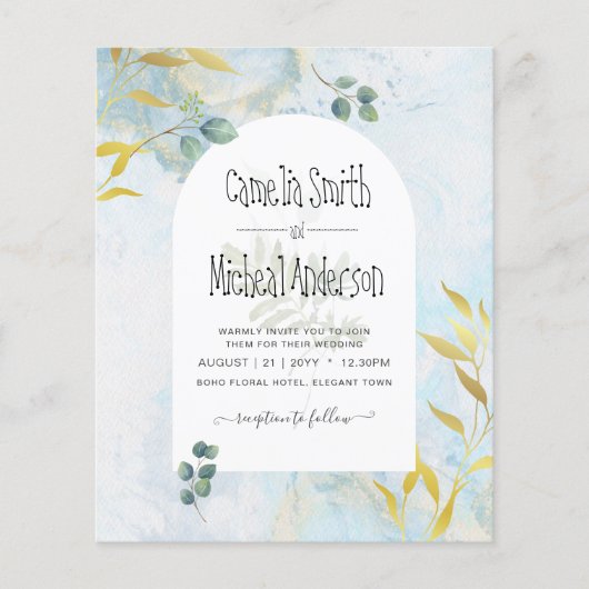 Arty Botanische Groenelementen Gouden Trouw Uitnod (Voorkant)