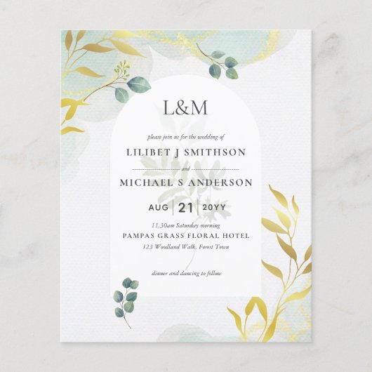 Arty Botanische Groenelementen Gouden Trouw Uitnod Flyer (Voorkant)