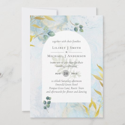 Arty Botanische Groenelementen Gouden Trouw Uitnod Kaart (Voorkant)
