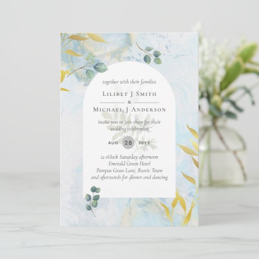 Arty Botanische Groenelementen Gouden Trouw Uitnod Kaart (Staand voorkant)