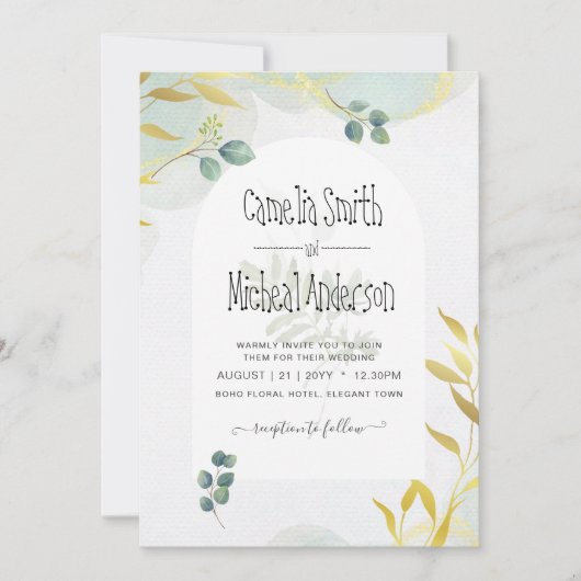 Arty Botanische Groenelementen Gouden Trouw Uitnod Kaart (Voorkant)