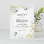 Arty Botanische Groenelementen Gouden Trouw Uitnod Kaart (Staand voorkant)