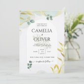 Arty Botanische Groenelementen Gouden Trouw Uitnod Kaart (Staand voorkant)