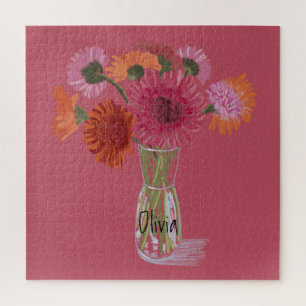 Arty Gerbera Kleurrijke Bloem +Custom Naam Legpuzzel