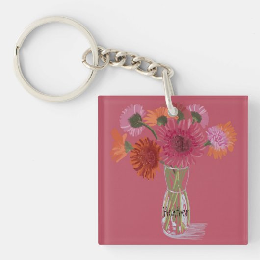 Arty Gerbera Kleurrijke Bloem +Custom Naam Sleutelhanger (voorkant)