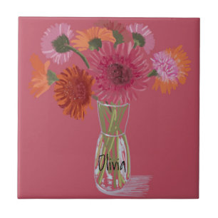 Arty Gerbera Kleurrijke Bloem +Custom Naam Tegeltje