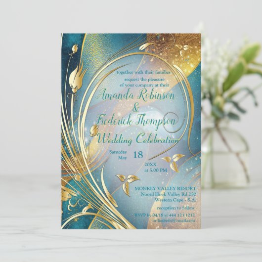 Arty Gold abstracte flower Uitnodiging (Staand voorkant)