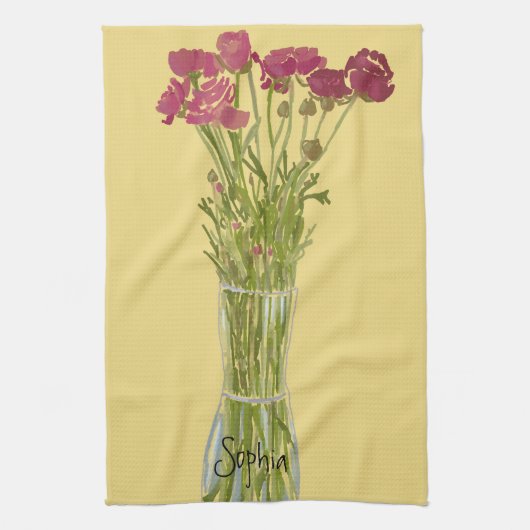 Arty Ranunculus Kleurrijke Bloem +Custom Naam Theedoek (Verticaal)