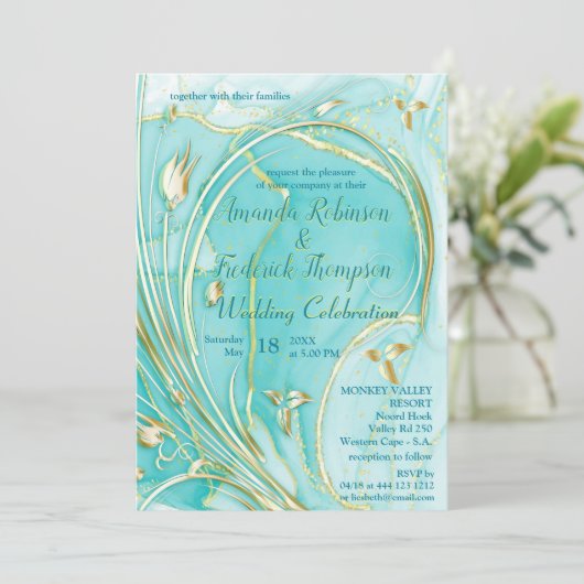Arty turquoise Gold abstracte flower Uitnodiging (Staand voorkant)