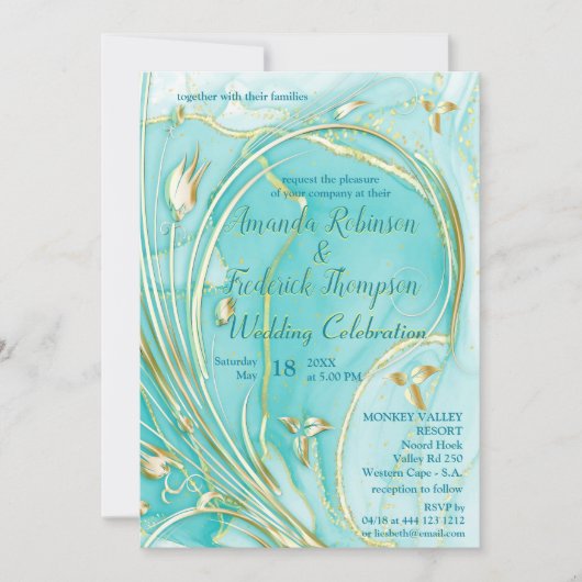 Arty turquoise Gold abstracte flower Uitnodiging (Voorkant)