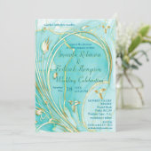 Arty turquoise Gold abstracte flower Uitnodiging (Staand voorkant)