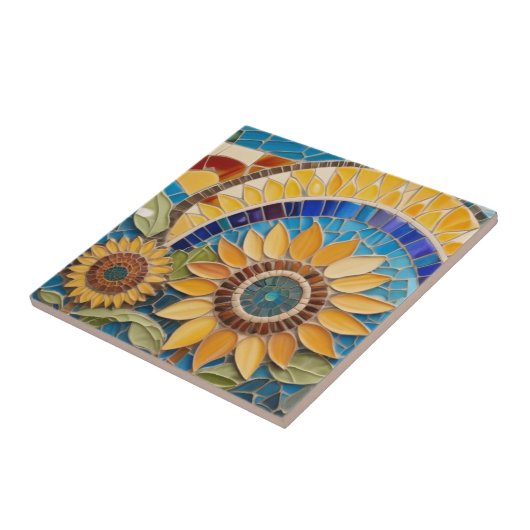 Arty Yellow Zonnebloem Abstract Faux Mozaïek Blauw Tegeltje (Zijkant)