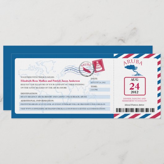 Aruba Airmail Boarding Pass iWedding Invitation Kaart (Voorkant / Achterkant)