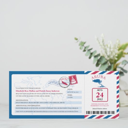Aruba Airmail Boarding Pass iWedding Invitation Kaart (Staand voorkant)