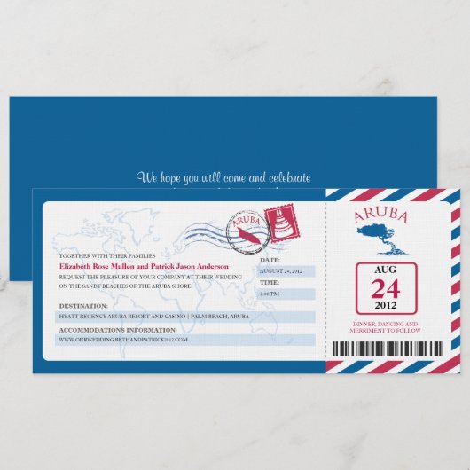Aruba Airmail Boarding Pass iWedding Invitation Kaart (Voorkant / Achterkant)