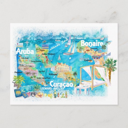 Aruba Bonaire Curacao Illustrated Islands Travel Briefkaart (Voorkant)