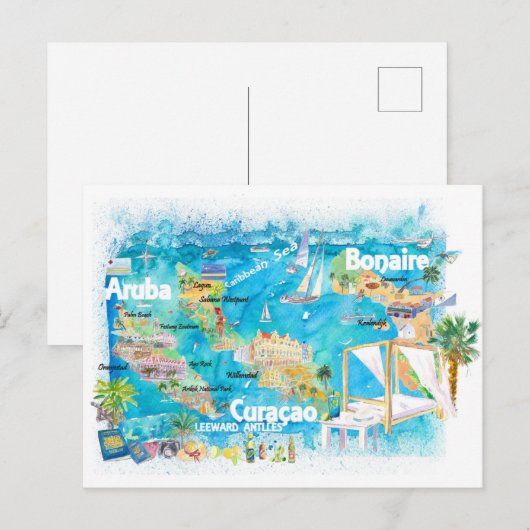 Aruba Bonaire Curacao Illustrated Islands Travel Briefkaart (Voorkant / Achterkant)