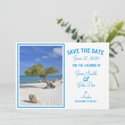 Aruba Destination Wedding Blue Divi Tree Save The Date (Staand voorkant)