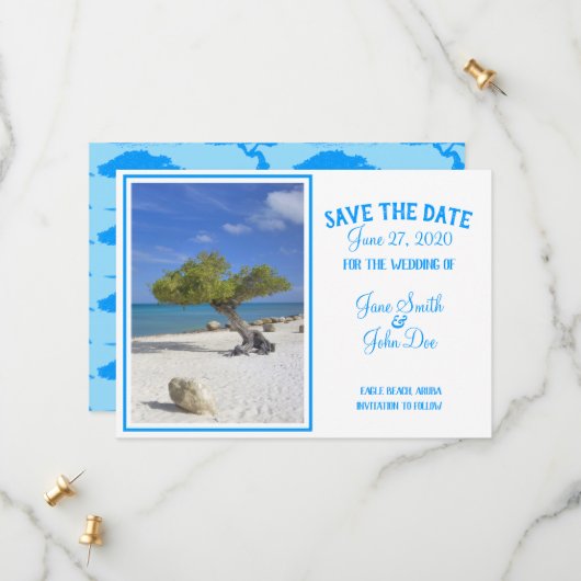 Aruba Destination Wedding Blue Divi Tree Save The Date (Voorkant / Achterkant in situ)