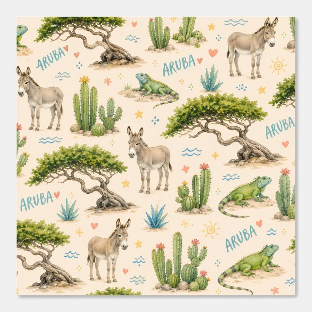Aruba divi boom, ezel, leguaan, cactus behang (Voorkant)