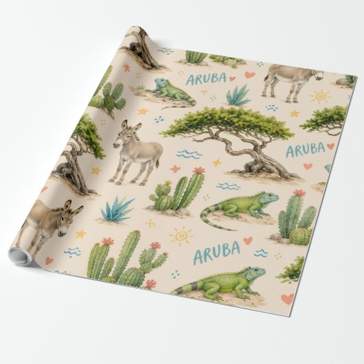Aruba divi boom, ezel, leguaan, cactus cadeaupapier (Uitgerold)