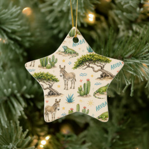 Aruba divi boom, ezel, leguaan, cactus keramisch ornament