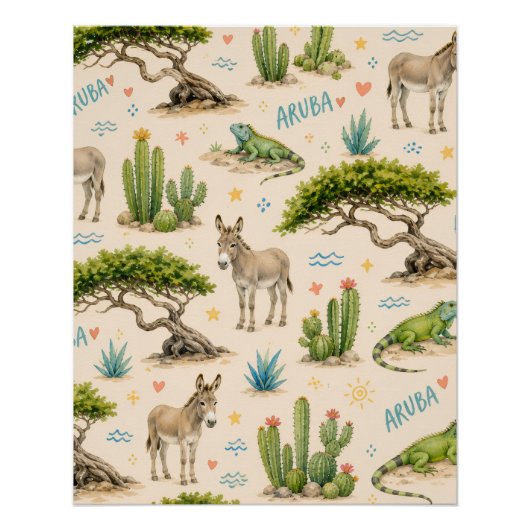 Aruba divi boom, ezel, leguaan, cactus perfect poster (Voorkant)