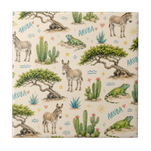 Aruba divi boom, ezel, leguaan, cactus tegeltje