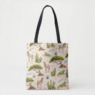 Aruba divi boom, ezel, leguaan, cactus tote bag